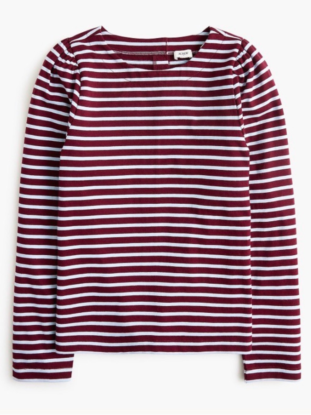 J.Crew Striped Puff Sleeve Button Back Top Burgundy White Crewneck Size Large